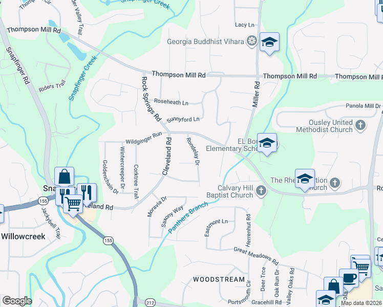 map of restaurants, bars, coffee shops, grocery stores, and more near 3210 Rondelay Drive in Stonecrest