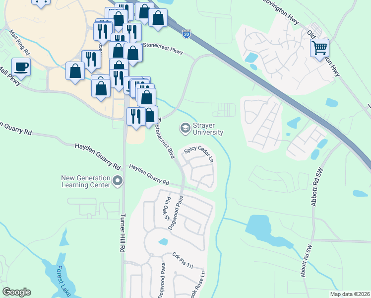 map of restaurants, bars, coffee shops, grocery stores, and more near 3120 Stonecrest Boulevard in Stonecrest