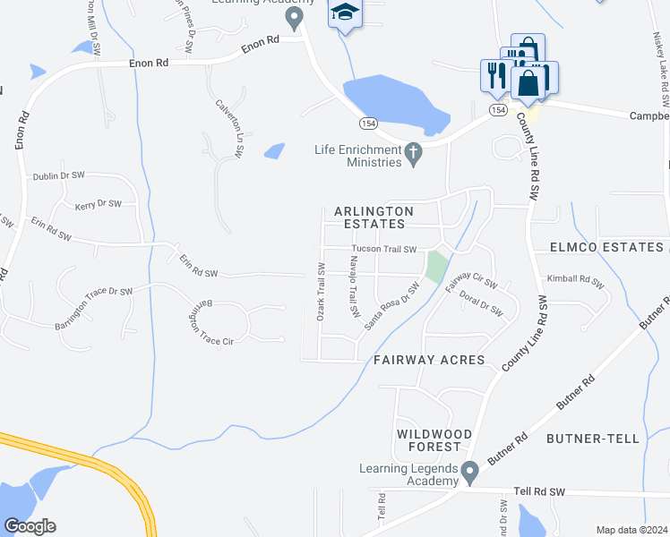 map of restaurants, bars, coffee shops, grocery stores, and more near 4751 Pueblo Drive Southwest in Atlanta
