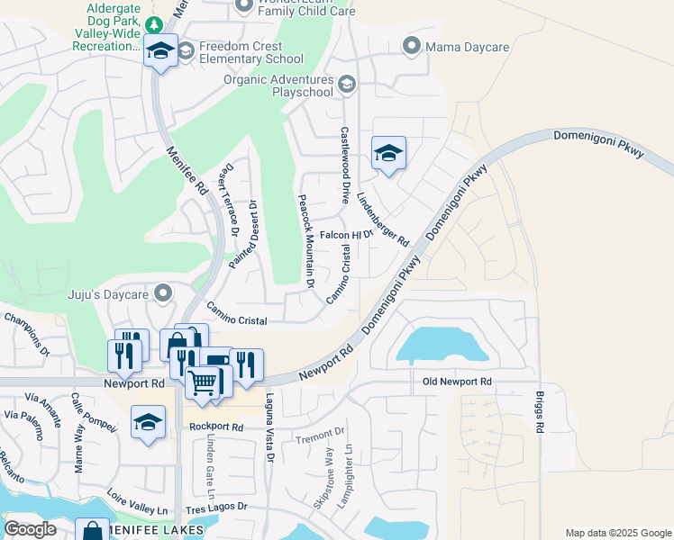 map of restaurants, bars, coffee shops, grocery stores, and more near 29778 Cheshire Court in Menifee