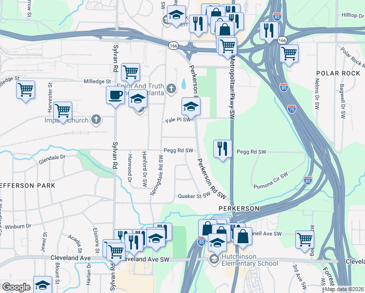 map of restaurants, bars, coffee shops, grocery stores, and more near 732 Vinson Place Southwest in Atlanta