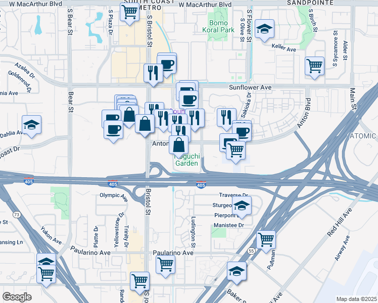 map of restaurants, bars, coffee shops, grocery stores, and more near 611 Anton Boulevard in Costa Mesa