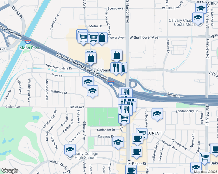 map of restaurants, bars, coffee shops, grocery stores, and more near 1622 Iowa Street in Costa Mesa