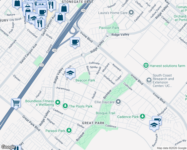 map of restaurants, bars, coffee shops, grocery stores, and more near 111 Newall in Irvine