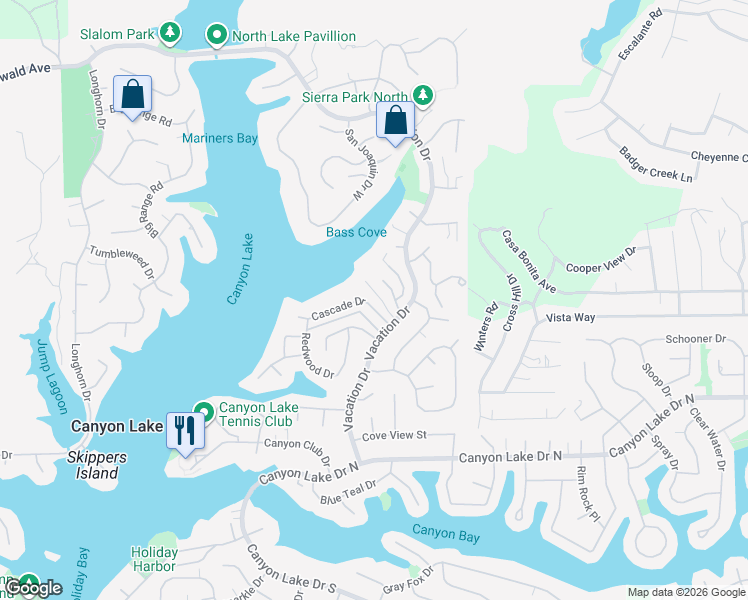 map of restaurants, bars, coffee shops, grocery stores, and more near 22700 Cascade Drive in Canyon Lake