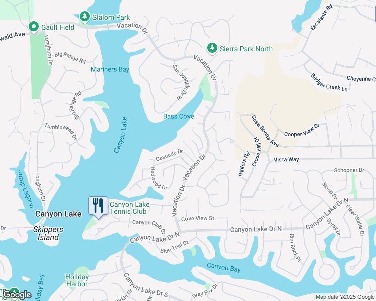 map of restaurants, bars, coffee shops, grocery stores, and more near 22700 Cascade Drive in Canyon Lake