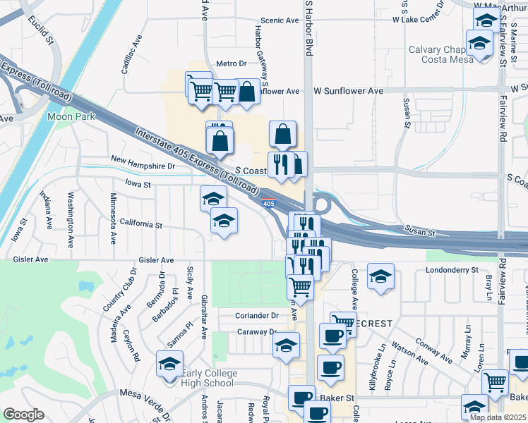 map of restaurants, bars, coffee shops, grocery stores, and more near 1622 Iowa Street in Costa Mesa