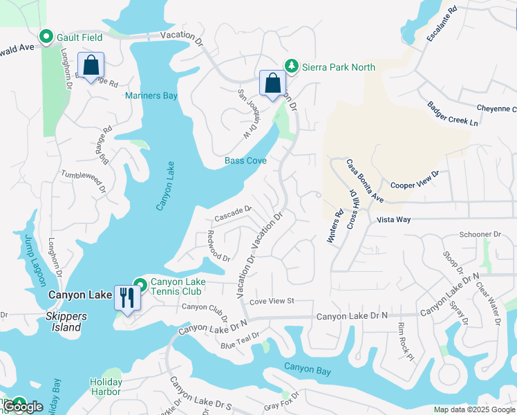 map of restaurants, bars, coffee shops, grocery stores, and more near 22700 Cascade Drive in Canyon Lake
