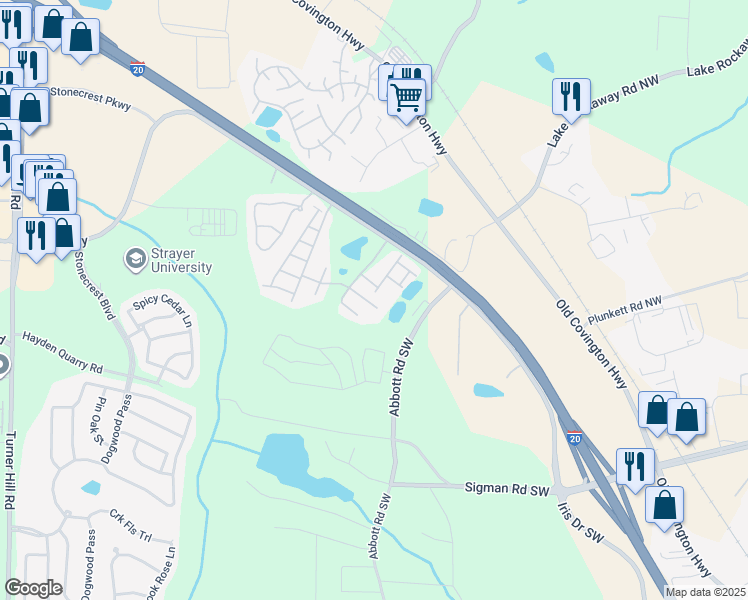 map of restaurants, bars, coffee shops, grocery stores, and more near 2724 Kemp Court in Conyers