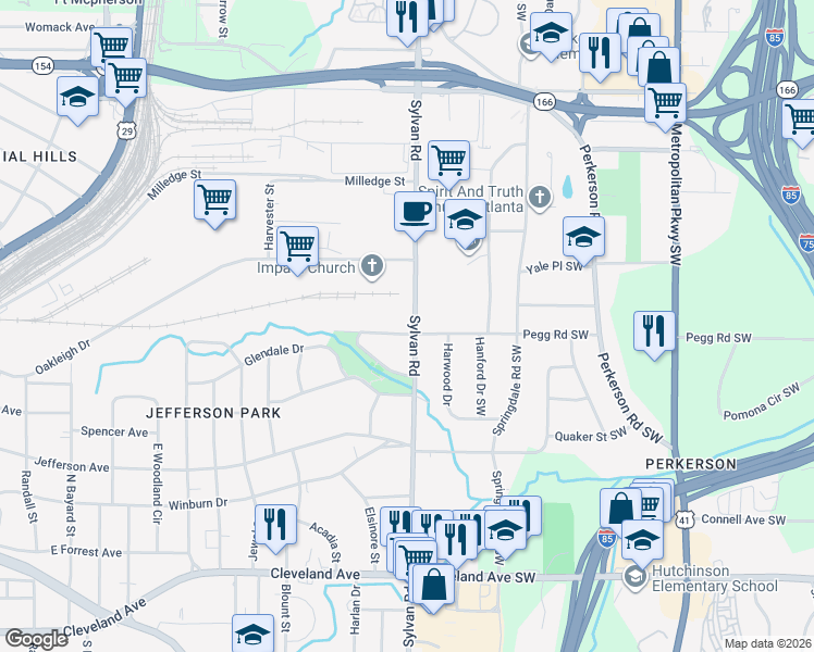 map of restaurants, bars, coffee shops, grocery stores, and more near 2395 Sylvan Road in East Point