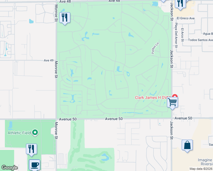 map of restaurants, bars, coffee shops, grocery stores, and more near 49438 Douglas Street in Indio