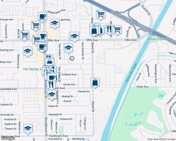 map of restaurants, bars, coffee shops, grocery stores, and more near 10448 Nightingale Avenue in Fountain Valley