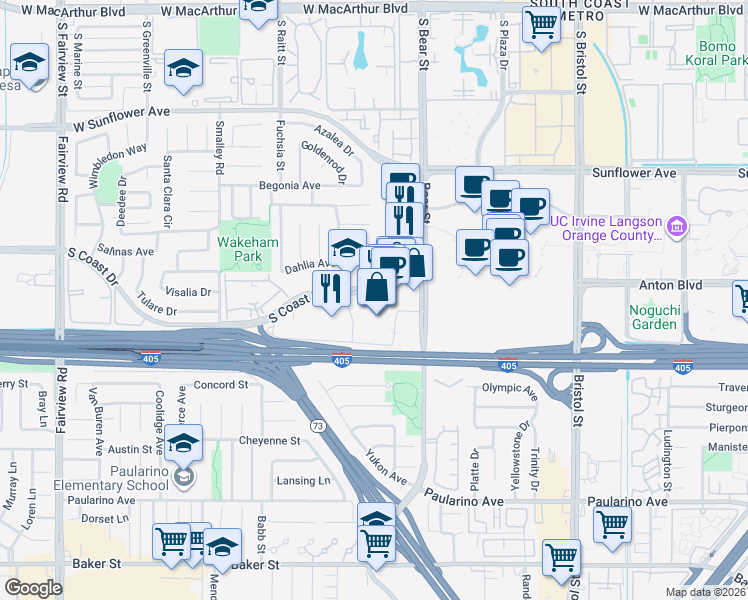map of restaurants, bars, coffee shops, grocery stores, and more near 901 South Coast Drive in Costa Mesa