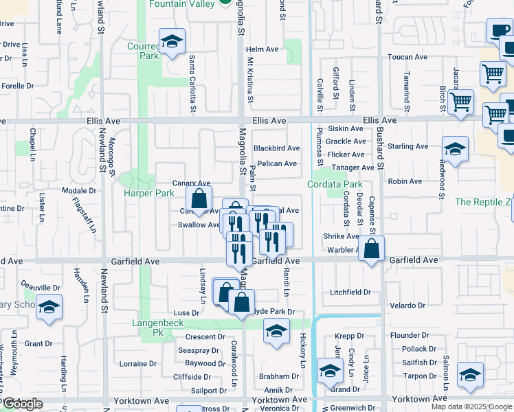 map of restaurants, bars, coffee shops, grocery stores, and more near 9062 Cockatoo Avenue in Fountain Valley