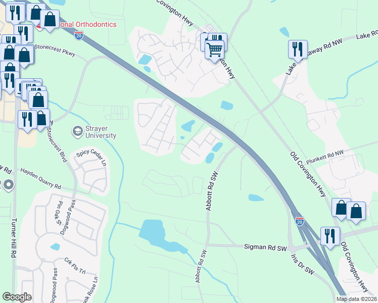 map of restaurants, bars, coffee shops, grocery stores, and more near 3182 Haynes Park Street in Stonecrest