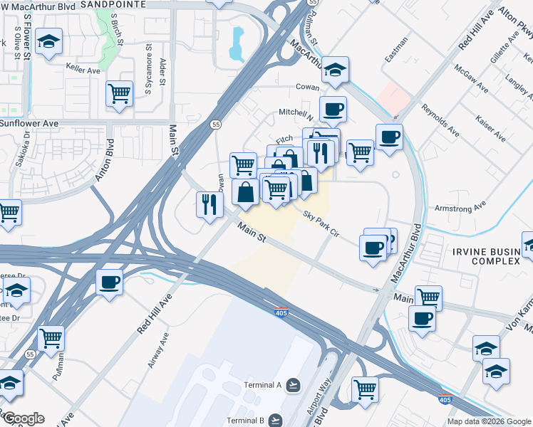 map of restaurants, bars, coffee shops, grocery stores, and more near 1761 Reynolds Avenue in Irvine