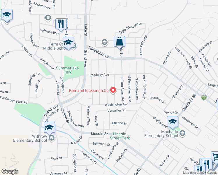 map of restaurants, bars, coffee shops, grocery stores, and more near 186 South Massachusetts Street in Lake Elsinore