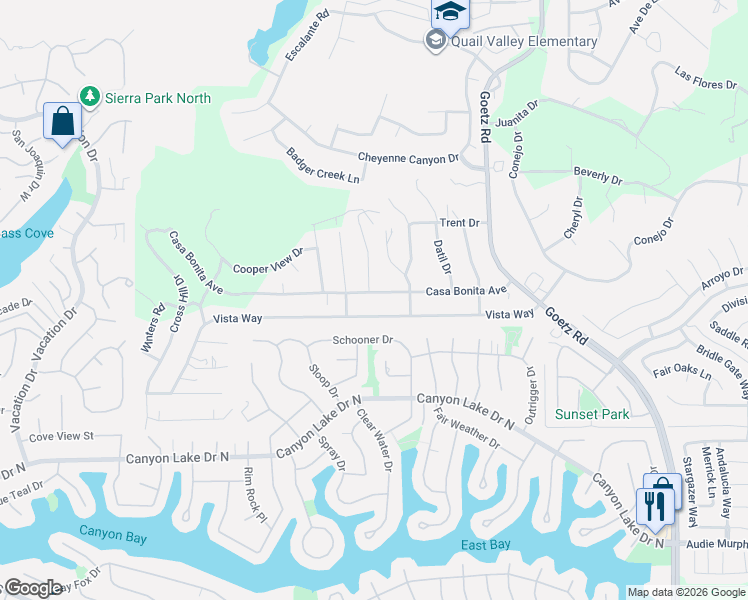 map of restaurants, bars, coffee shops, grocery stores, and more near 23561 Casa Bonita Avenue in Canyon Lake