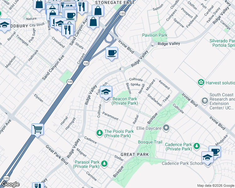 map of restaurants, bars, coffee shops, grocery stores, and more near 101 Fixie in Irvine