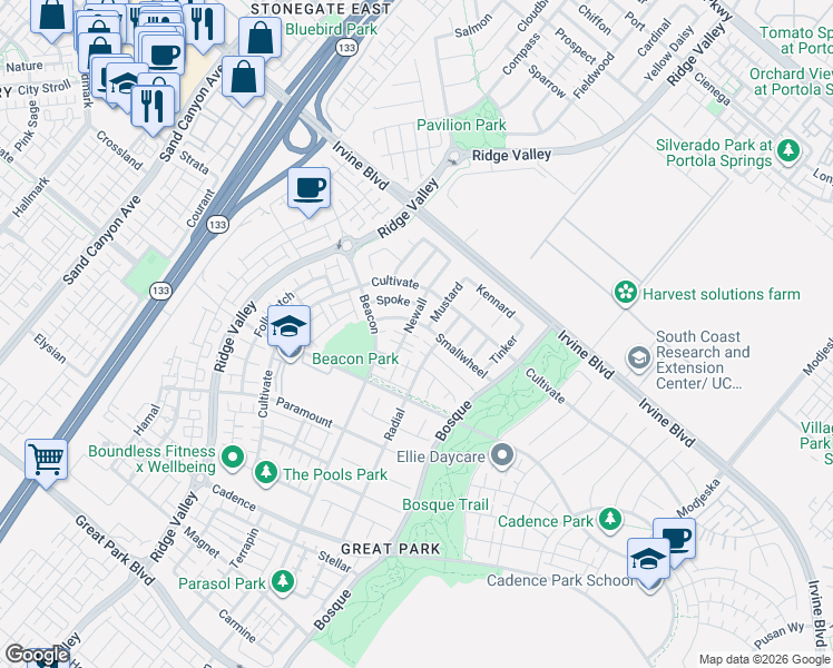map of restaurants, bars, coffee shops, grocery stores, and more near 101 Mustard in Irvine