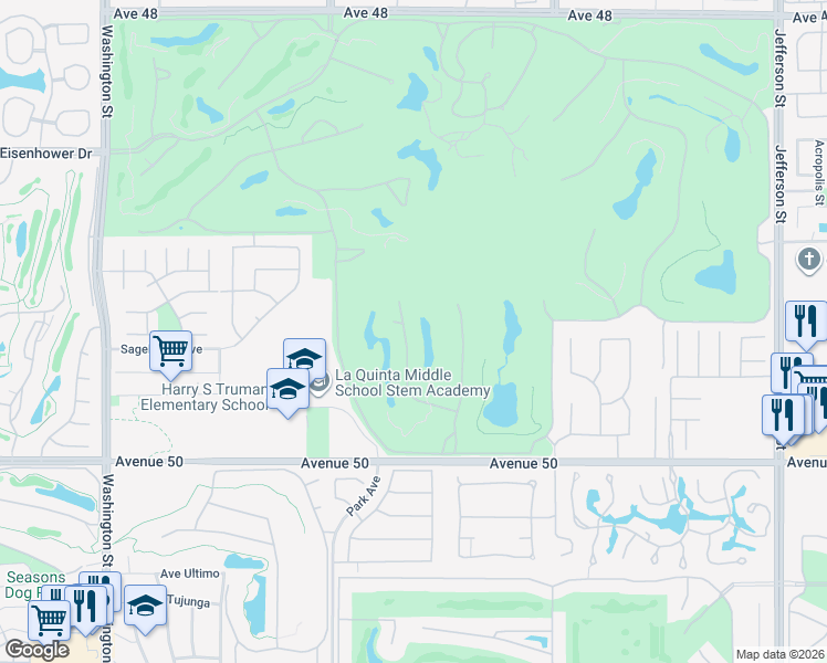 map of restaurants, bars, coffee shops, grocery stores, and more near 49386 Montana Way in La Quinta