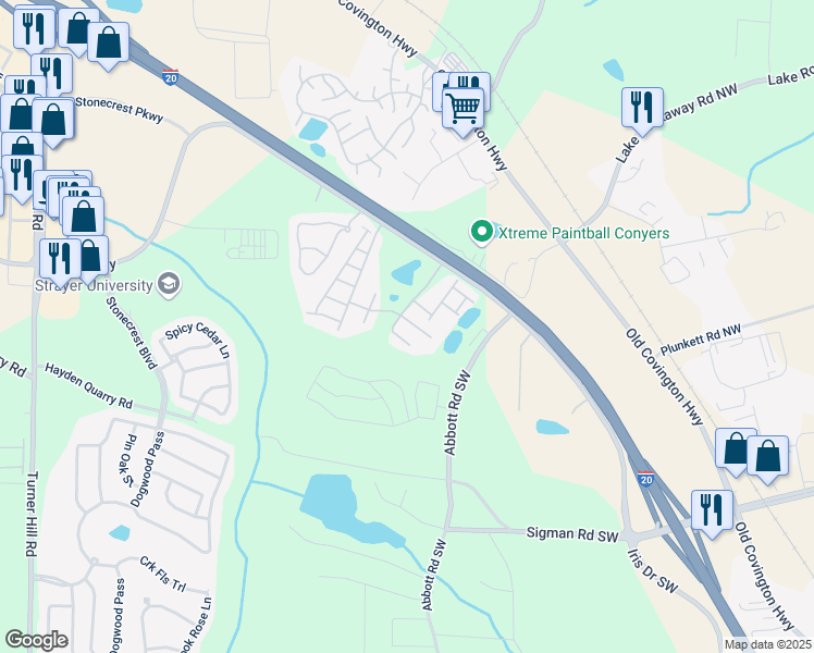 map of restaurants, bars, coffee shops, grocery stores, and more near 2709 Kemp Court in Conyers