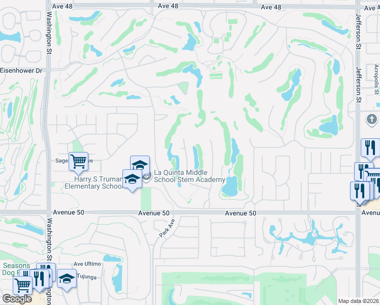 map of restaurants, bars, coffee shops, grocery stores, and more near 49386 Montana Way in La Quinta