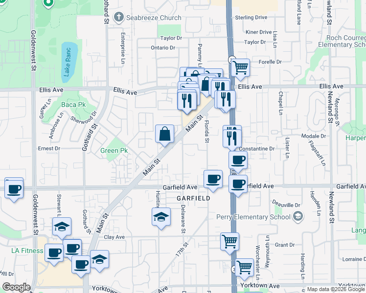 map of restaurants, bars, coffee shops, grocery stores, and more near 18472 Main Street in Huntington Beach