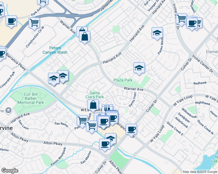 map of restaurants, bars, coffee shops, grocery stores, and more near 505 Marinella Aisle in Irvine