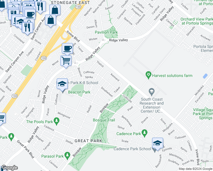map of restaurants, bars, coffee shops, grocery stores, and more near 100 Grassblade in Irvine