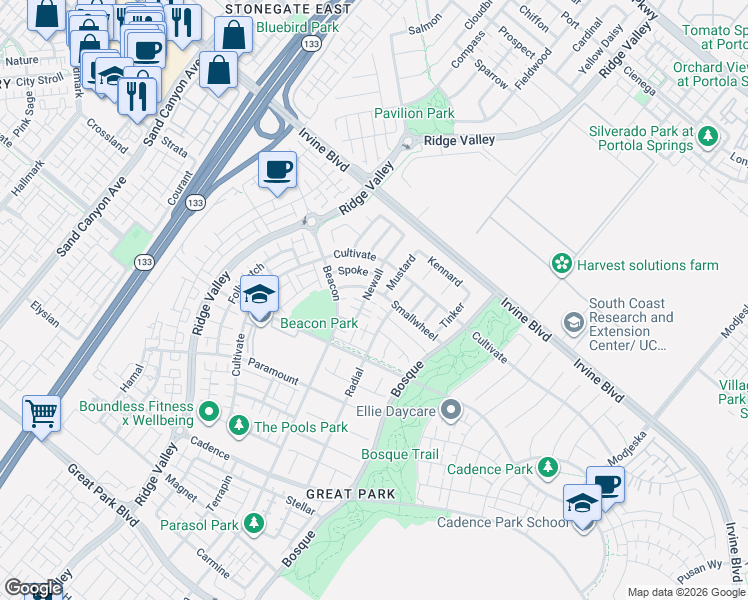 map of restaurants, bars, coffee shops, grocery stores, and more near 101 Mustard in Irvine