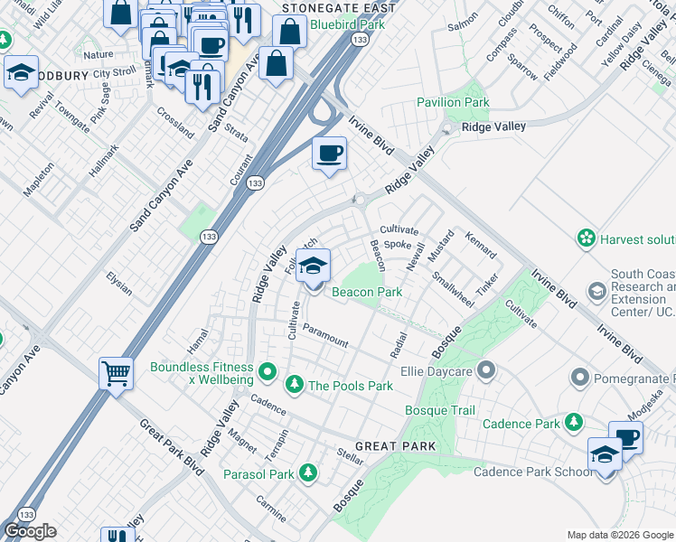 map of restaurants, bars, coffee shops, grocery stores, and more near 157 Fixie in Irvine