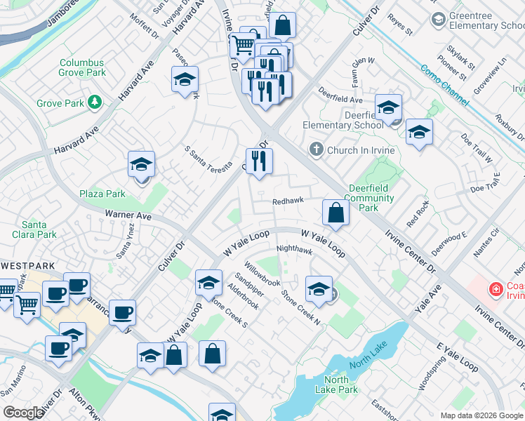 map of restaurants, bars, coffee shops, grocery stores, and more near 6 Redhawk in Irvine