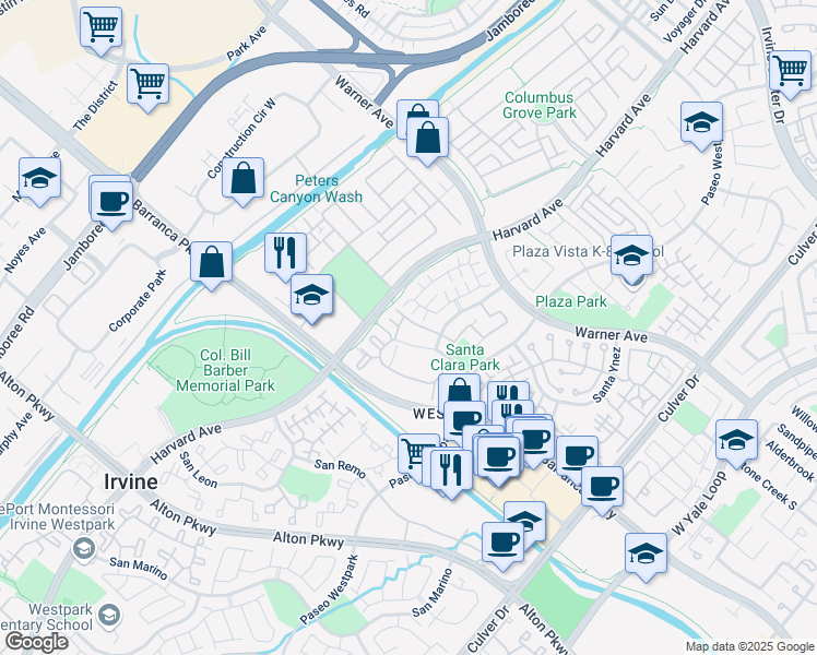 map of restaurants, bars, coffee shops, grocery stores, and more near 92 Santorini in Irvine