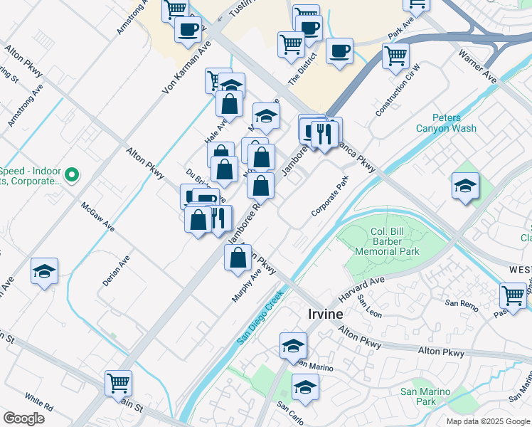 map of restaurants, bars, coffee shops, grocery stores, and more near 10 Corporate Park in Irvine