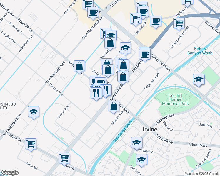 map of restaurants, bars, coffee shops, grocery stores, and more near 2777 Alton Parkway in Irvine