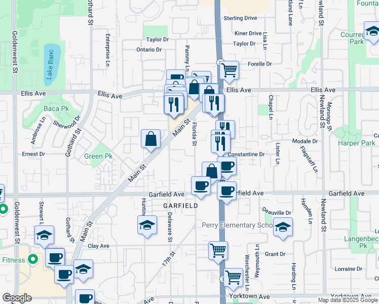 map of restaurants, bars, coffee shops, grocery stores, and more near 18765 Florida Street in Huntington Beach