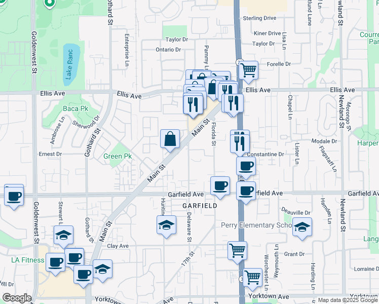 map of restaurants, bars, coffee shops, grocery stores, and more near 18472 Main Street in Huntington Beach