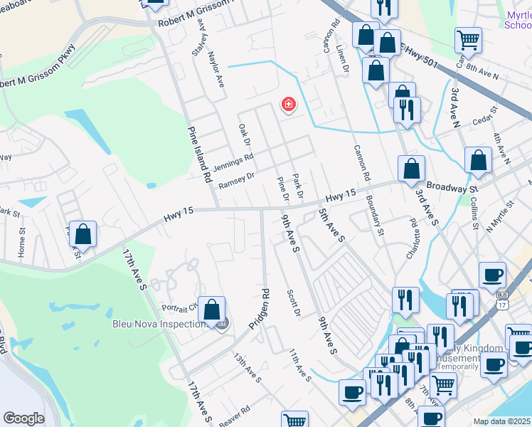 map of restaurants, bars, coffee shops, grocery stores, and more near 1006 Owens Street in Myrtle Beach