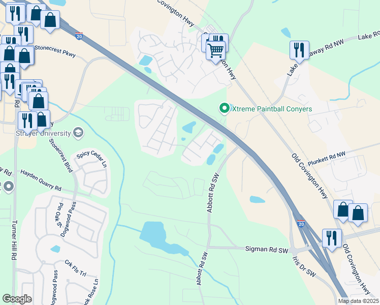 map of restaurants, bars, coffee shops, grocery stores, and more near 2709 Kemp Court in Conyers