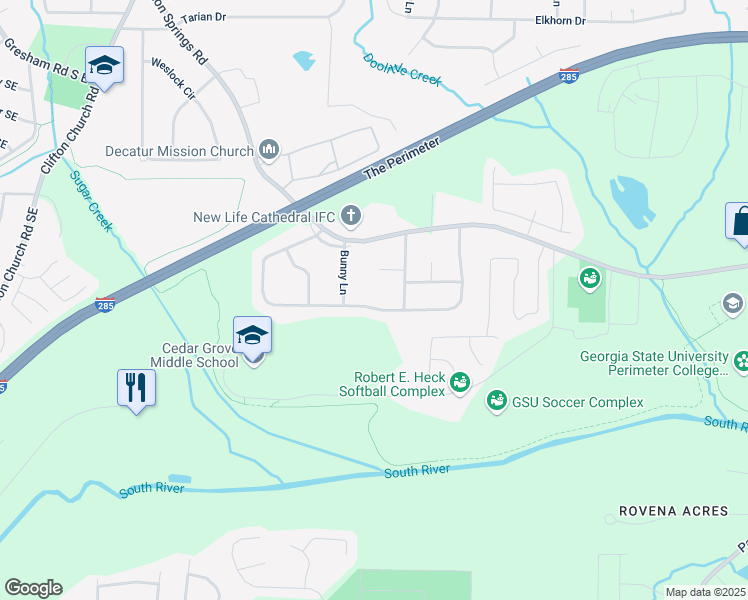 map of restaurants, bars, coffee shops, grocery stores, and more near 3228 Bunny Lane in Decatur