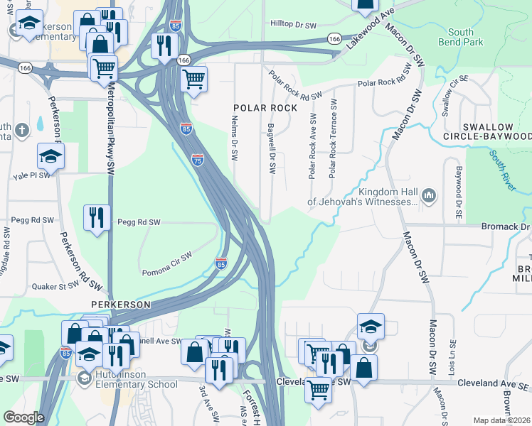 map of restaurants, bars, coffee shops, grocery stores, and more near 2364 Pryor Road Southwest in Atlanta