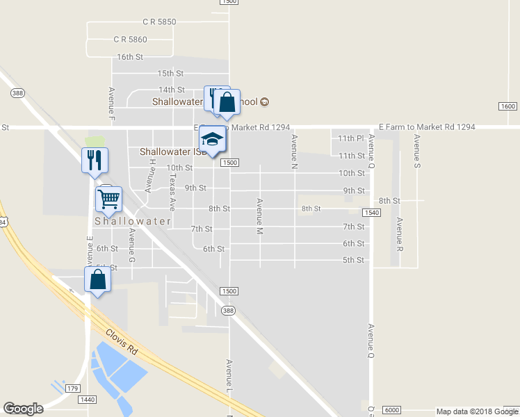 map of restaurants, bars, coffee shops, grocery stores, and more near 8th Street in Shallowater