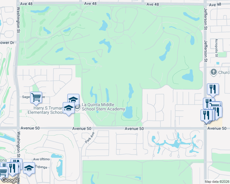 map of restaurants, bars, coffee shops, grocery stores, and more near 49463 Vía Conquistador in La Quinta