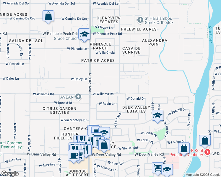 map of restaurants, bars, coffee shops, grocery stores, and more near 8200 West Williams Road in Peoria