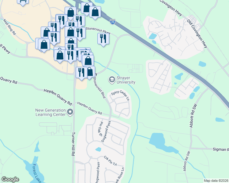 map of restaurants, bars, coffee shops, grocery stores, and more near 3154 Spicy Cedar Lane in Stonecrest