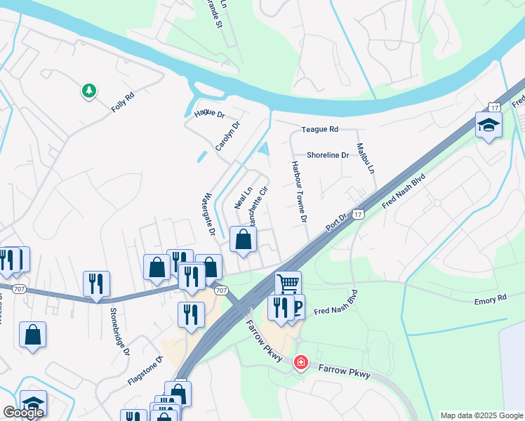 map of restaurants, bars, coffee shops, grocery stores, and more near 349 Fairwood Terrace in Myrtle Beach