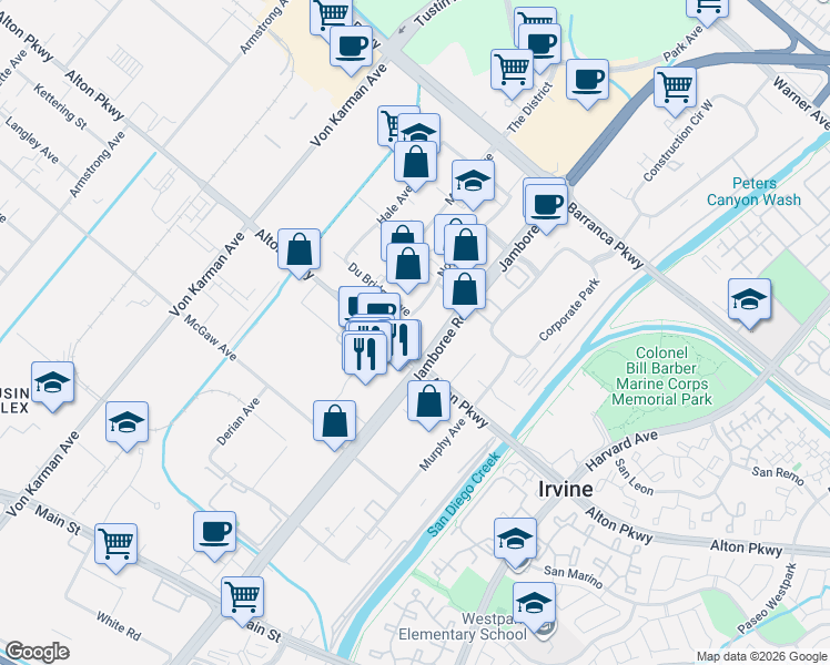 map of restaurants, bars, coffee shops, grocery stores, and more near 2777 Alton Parkway in Irvine