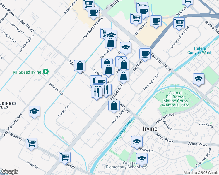 map of restaurants, bars, coffee shops, grocery stores, and more near 2777 Alton Parkway in Irvine