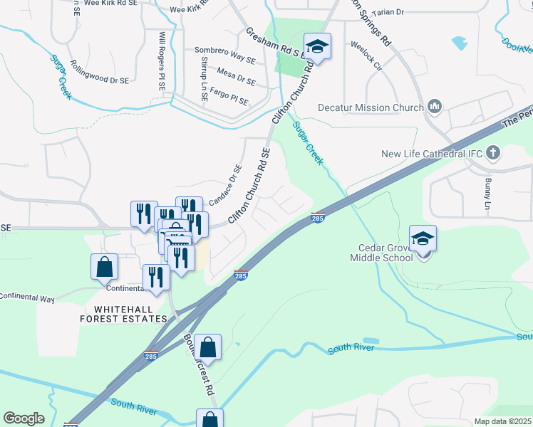 map of restaurants, bars, coffee shops, grocery stores, and more near 2095 Sugar Creek Falls Court Ct in Atlanta